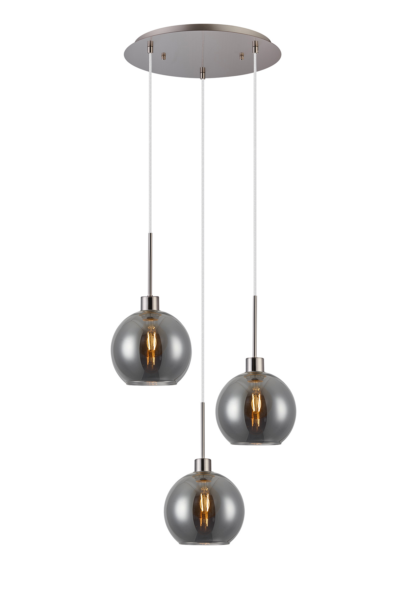 Lori 40cm Round Pendant, 3 Light Adjustable E27, Satin Nickel/Smoke Open Mouth Round Globe Shades